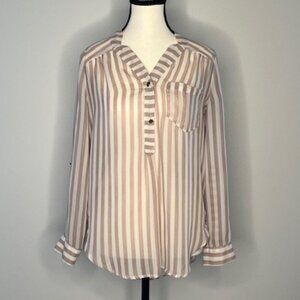 San Joy Women's Tan and White Pinstripe Blouse, Size Small